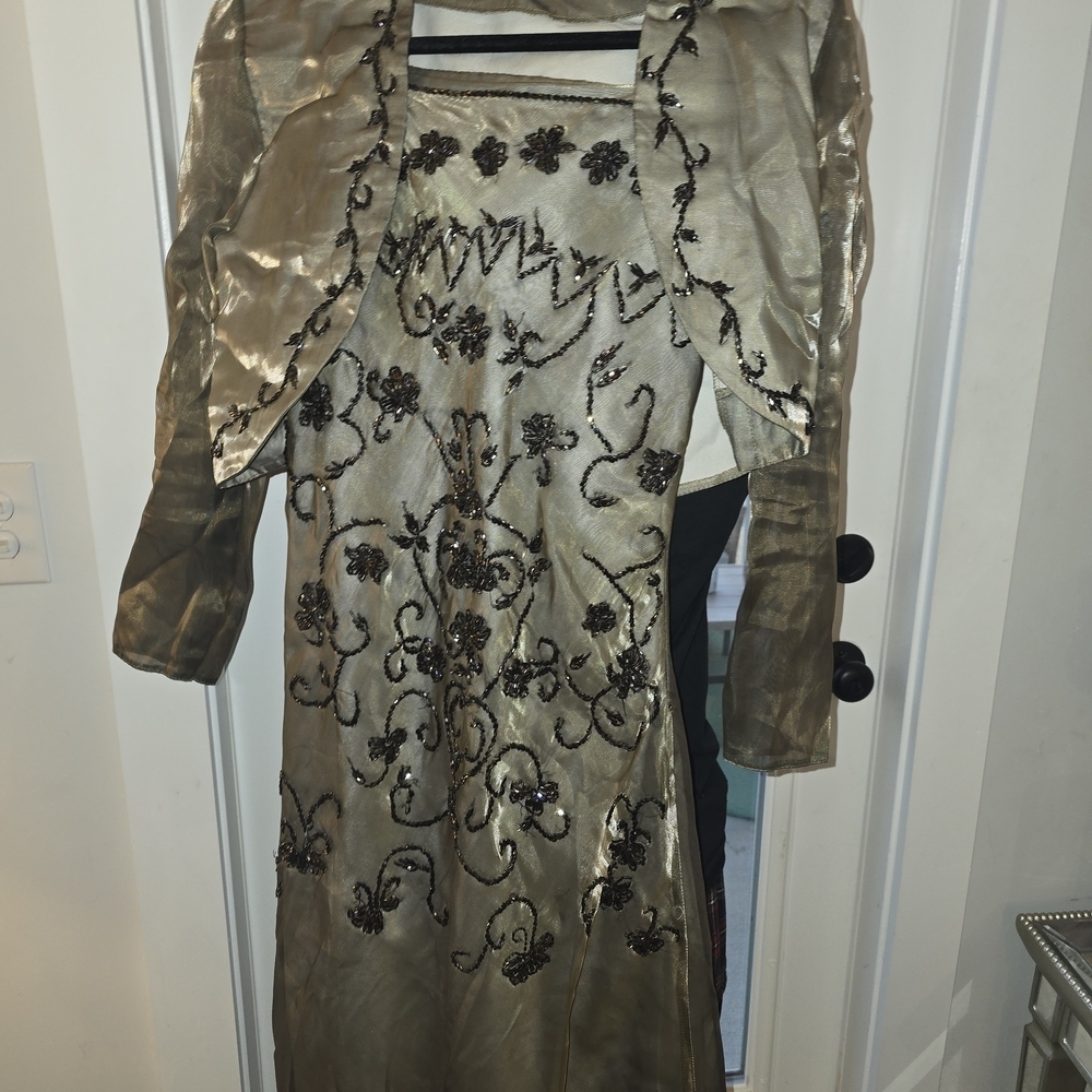 Gold Dress with Black Embroidery and Jacket